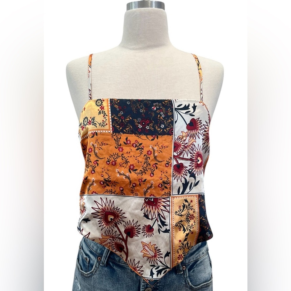J FOR JUSTIFY boho Patchwork Floral Handkerchief Cami in Mustard, Navy and Cream